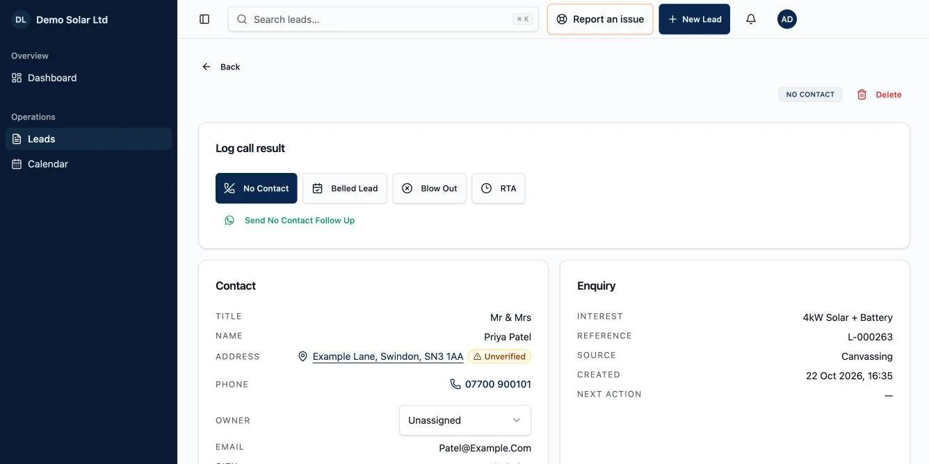 A lead record in Vanteq with one-tap call outcomes and a WhatsApp follow-up button